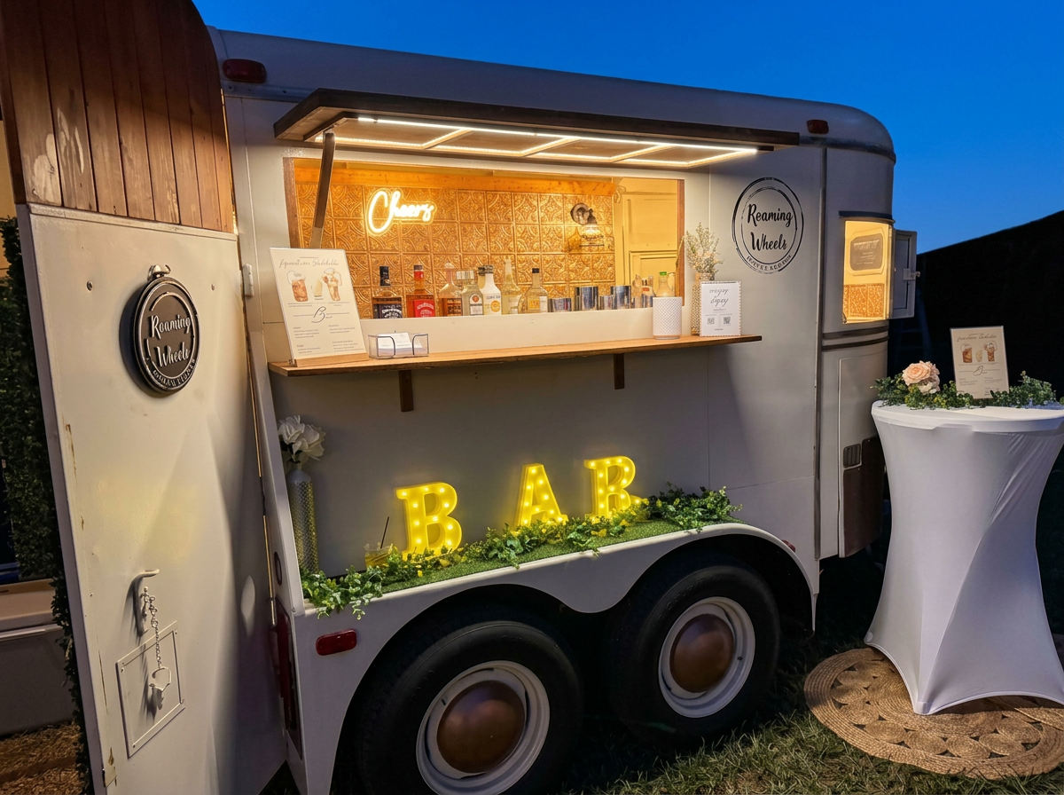 Roaming Wheels beverage trailer at a beachfront wedding reception